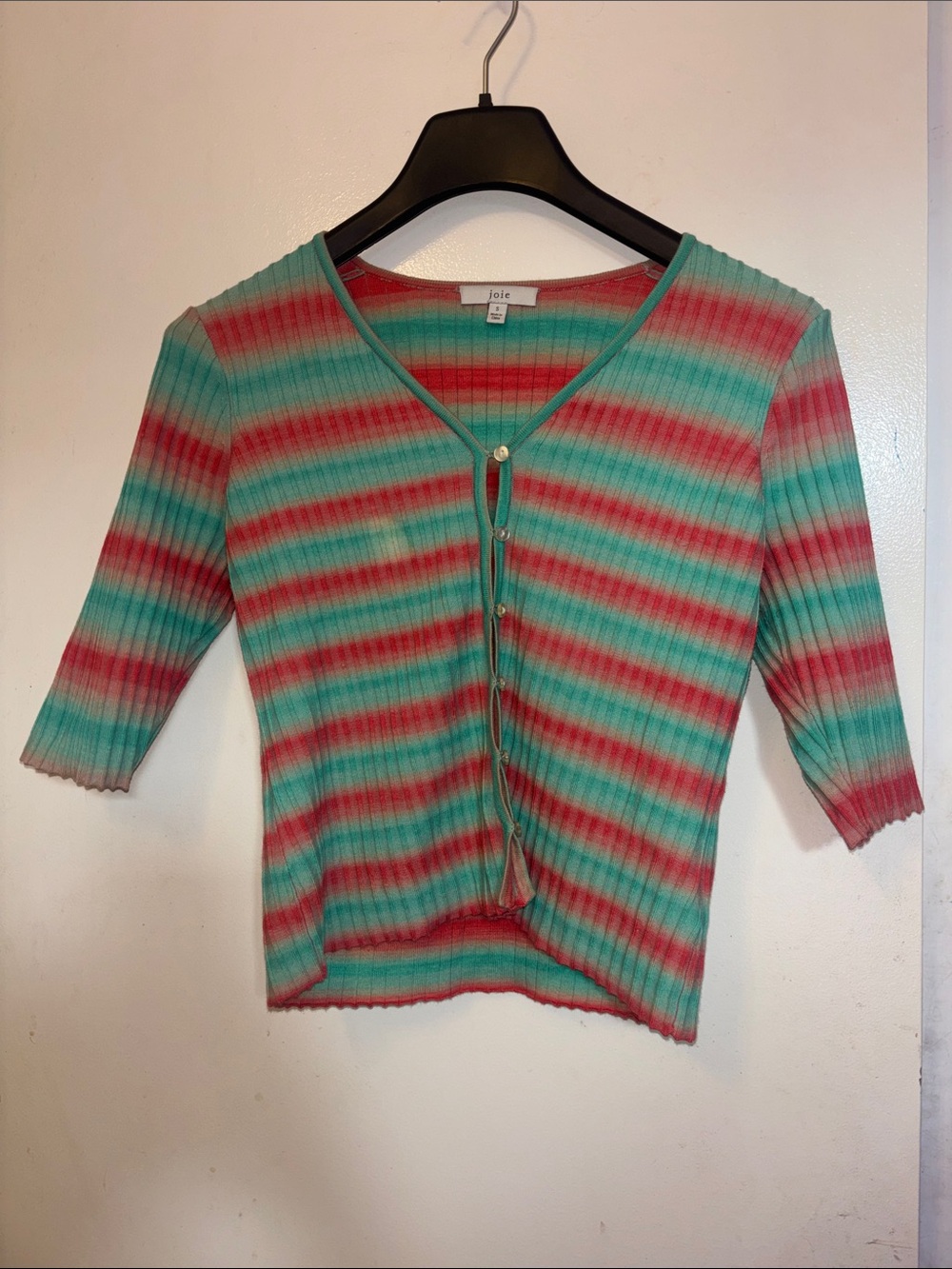 Joie Ribbed V-Neck Button-Front Sweater in Teal and Coral Stripe